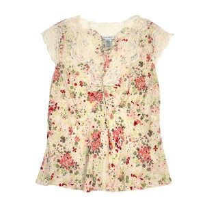 VTG y2k Nine West 100% Silk Floral Lace Trim Cap Sleeve cami tank Top Cottage M